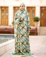 چادر نماز رنگی طرحدار پارچه کُدَری زمینه سبز کد CH 004 - تصویر 2