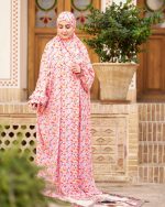 چادر نماز رنگی طرحدار پارچه کُدَری زمینه گلبهی کد CH 008 - تصویر 4