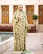 چادر نماز رنگی طرحدار پارچه کُدَری زمینه سبز فیروزه ای کد CH 009 - تصویر 2