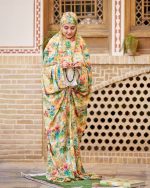 چادر نماز رنگی طرحدار پارچه کُدَری  زمینه سبز آبی کد CH 019 - تصویر 3