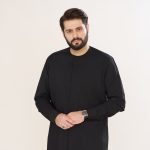 پیراهن هادی بدون یقه دکمه مخفی مشکی آستین بلند مردانه کد PM21004