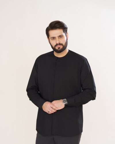 پیراهن هادی بدون یقه دکمه مخفی مشکی آستین بلند مردانه کد PM21004