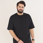 پیراهن هادی بدون یقه دکمه مخفی مشکی آستین کوتاه مردانه کد PM21039