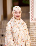 چادر نماز رنگی طرحدار پارچه کُدَری زمینه سبزنارنجی کد CH 029 - تصویر 7